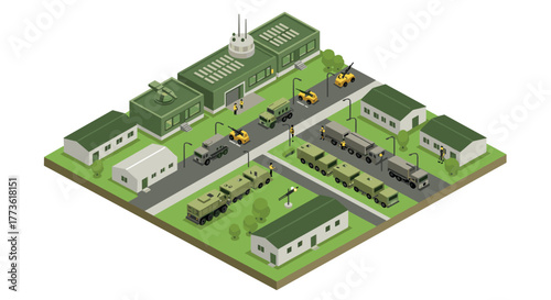 Isometric military base with vehicles and buildings in green landscape