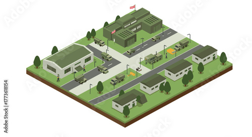 Military base isometric design with vehicles and buildings