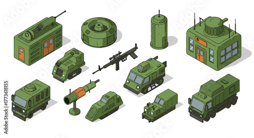 Military vehicles and equipment isometric set with camouflage colors
