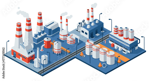 Isometric industrial plant with factory buildings and machinery