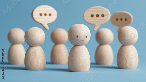 Wooden Figure Sad Facial Expression Standing Isolated While Other Wooden Group Figures Communicate in the Background, Representing Group Exclusion, Ignored Ideas, Social Isolation and Unheard Opinion