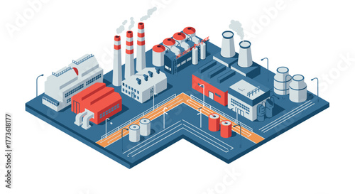 Industrial complex isometric design with factories and power plants
