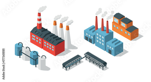Isometric factories and industrial buildings with conveyor belts and chimneys