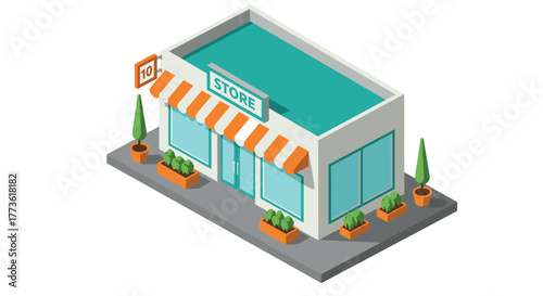 Isometric storefront with orange striped awning and potted plants