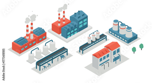Isometric industrial factory set with conveyor belts and storage tanks