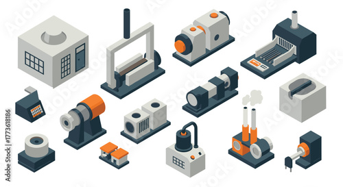 Isometric industrial equipment set featuring machinery and factory components