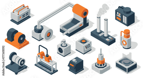 Isometric industrial machines and equipment icons set with modern style details
