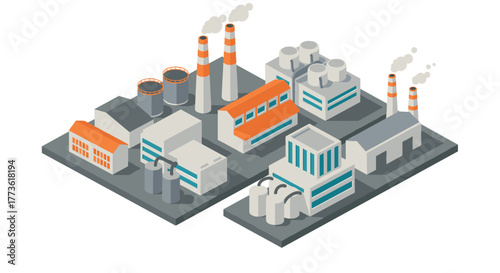 Industrial complex isometric design with factories and smokestacks