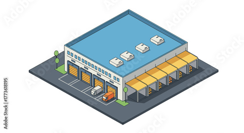Modern isometric warehouse building with trucks and loading bays on gray base
