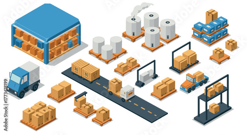 Isometric warehouse and factory scene with packaging and logistics elements