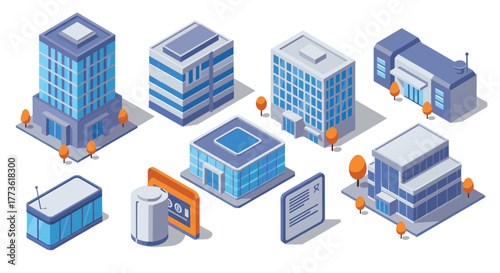 Isometric commercial buildings collection with modern architecture and urban design elements