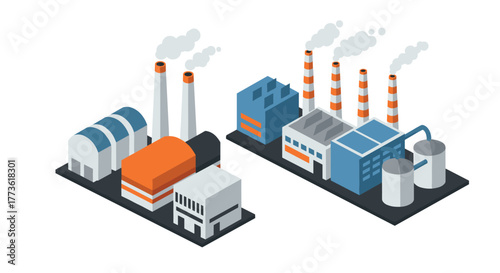 Isometric factory and industrial buildings with smoke stacks