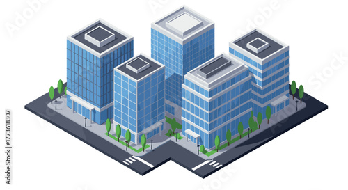 Modern urban office buildings in isometric style with trees and streets