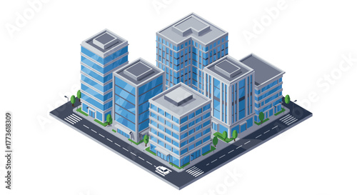 Isometric cityscape with modern office buildings on street corner