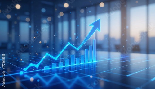 Glowing blue arrow represents data increase, economic improvement, investment, and futuristic corporate growth strategy