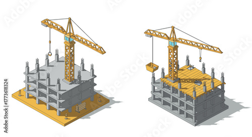 Isometric construction scene with crane and building framework