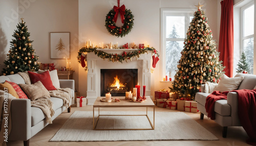 Salon chaleureux décoré pour Noël en rouge et or, ambiance festive et cocooning