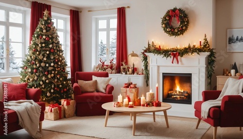 Salon chaleureux décoré pour Noël en rouge et or, ambiance festive et cocooning