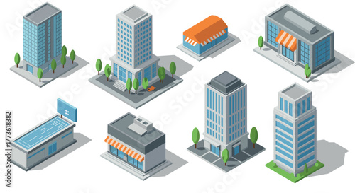 Isometric city buildings collection with modern architecture design