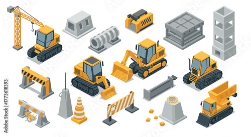 Isometric construction equipment set: yellow machinery and site tools
