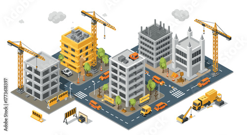 Urban construction site with cranes and buildings in isometric style