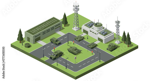Isometric military base with tanks and communication towers in urban setting