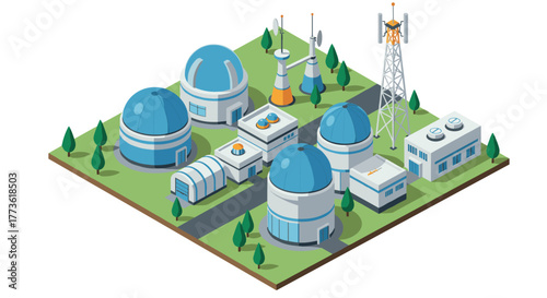 Isometric space observatory with telescopes and satellite dishes in a green landscape
