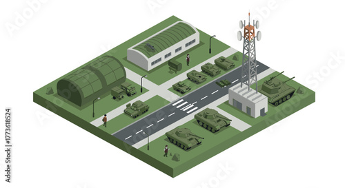 Isometric military base with tanks and communication tower
