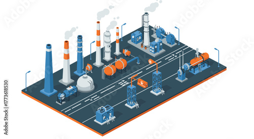 Isometric industrial factory with pipes and machinery on an urban platform