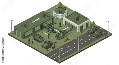 Isometric military base with vehicles, helicopter, and soldiers