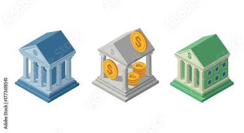 Isometric financial buildings with currency symbols: blue, gray, and green designs