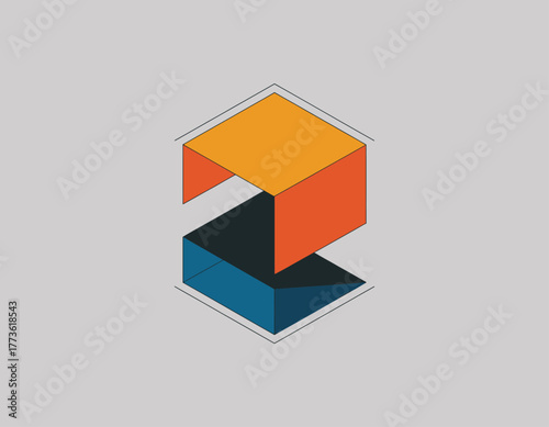 This image portrays an abstract geometric logo formed by vibrant shapes, symbolizing innovation, creativity, and dynamic relationships in modern design concepts.