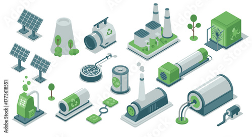 Sustainable energy solutions in isometric style featuring renewable energy devices