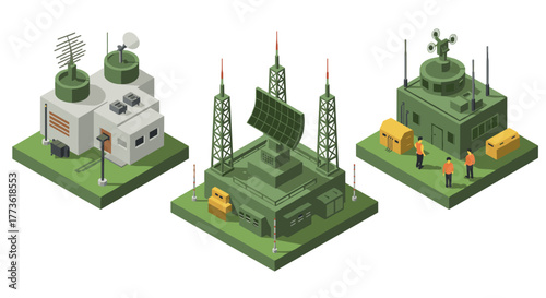 Isometric radar station and communication base with antennas and satellite dishes