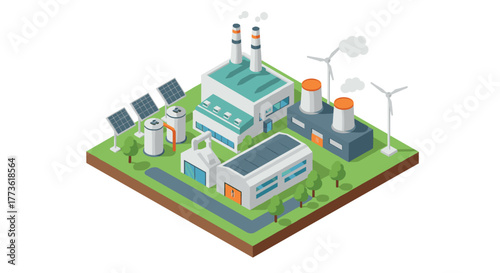 Sustainable energy plant with solar panels and wind turbines in isometric style