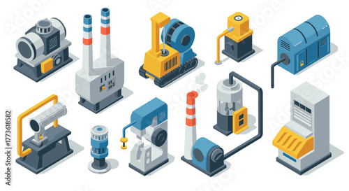 Isometric industrial equipment set with factory elements and machinery icons