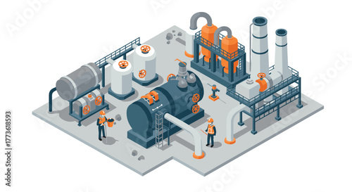 Isometric industrial power plant scene with workers and machinery in blue and orange