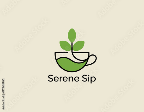 This serene image portrays a cup with flowing green elements and leaves, representing peace, relaxation, and the experience of sipping a calming beverage amidst nature's beauty.