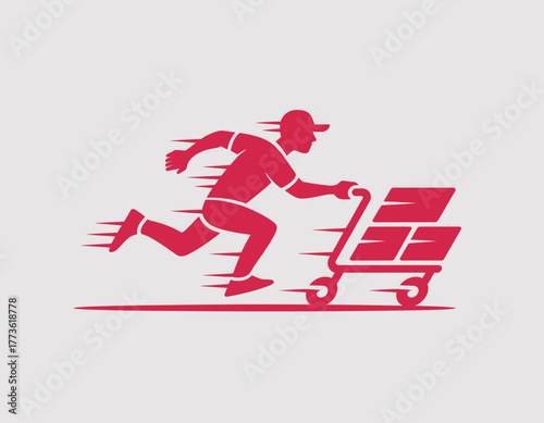 A vibrant illustration of a man sprinting with a shopping cart, emphasizing the theme of speed, urgency, and efficient delivery in a modern shopping context.