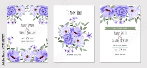 Photos wedding invitation with soft purple floral watercolor