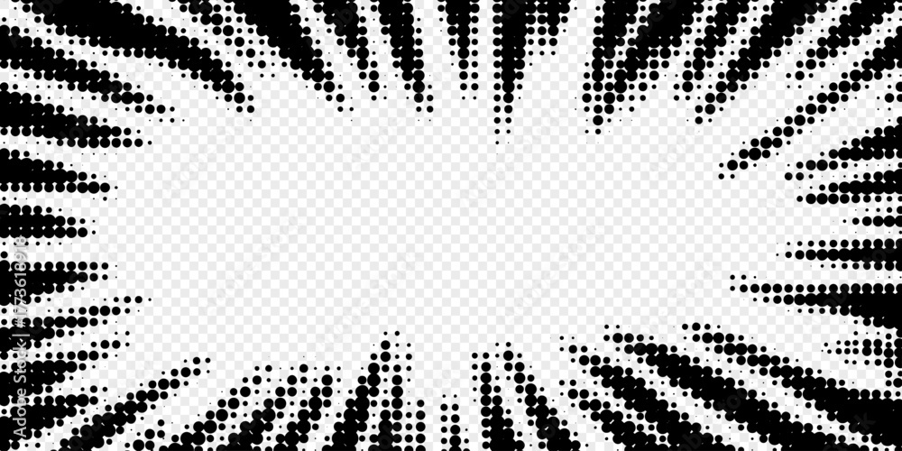 Comic halftone frame with black radial speed effect rays on transparent background. Speed effect, comic anime vector illustration for posters, stickers, covers, and cartoon graphic designs