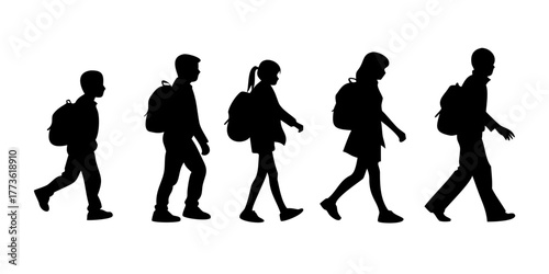 Silhouette of School Children Walking with Backpacks Vector Illustration .vector icon