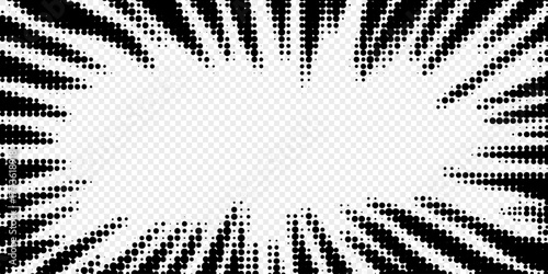 Comic halftone frame with black radial speed effect rays on transparent background. Speed effect, comic anime vector illustration for posters, stickers, covers, and cartoon graphic designs