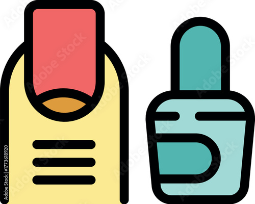 Nail polish is being applied to a finger, showcasing a beauty treatment with a varnish bottle