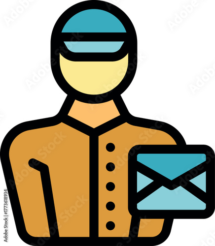 Postman wearing uniform and cap holding an envelope delivering mail and correspondence