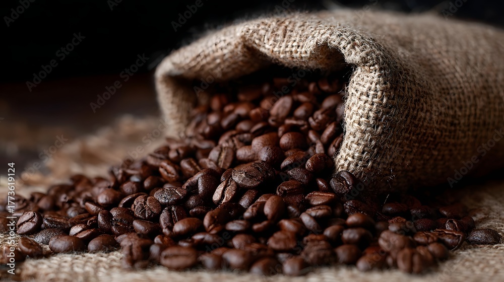 Fototapeta premium Roasted coffee beans spill from a textured burlap sack onto a rustic surface evoking warmth and aroma
