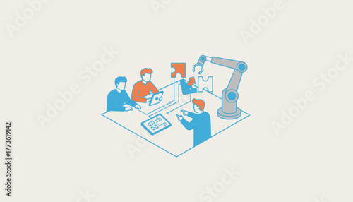 A laboratory scene where researchers program a robot for complex tasks displaying the importance of humanmachine collaboration.