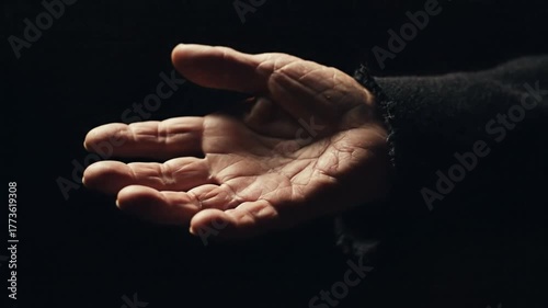 Close up of a human hand gesturing with fingers spread out against a dark background copy space