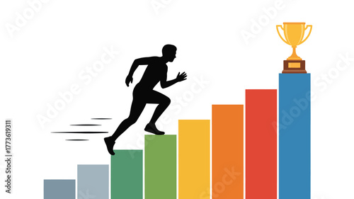 Silhouette running up colorful bar chart towards golden trophy on the highest bar top achievement