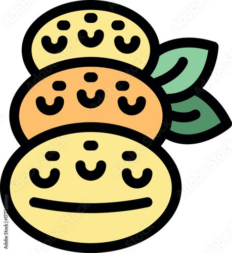 Three round fruits with happy faces are stacked on top of each other, decorated with green leaves
